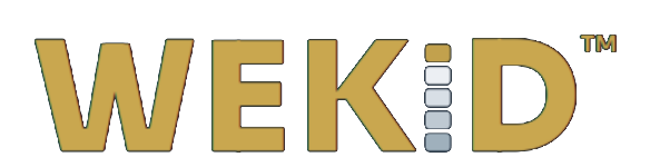 The WEKID wordmark in gold on ink, its letter I built from the five-tier epistemic stack