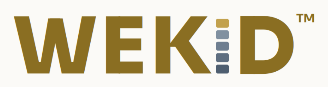 The WEKID wordmark in antique gold on paper, with the stack tiers forming the letter I